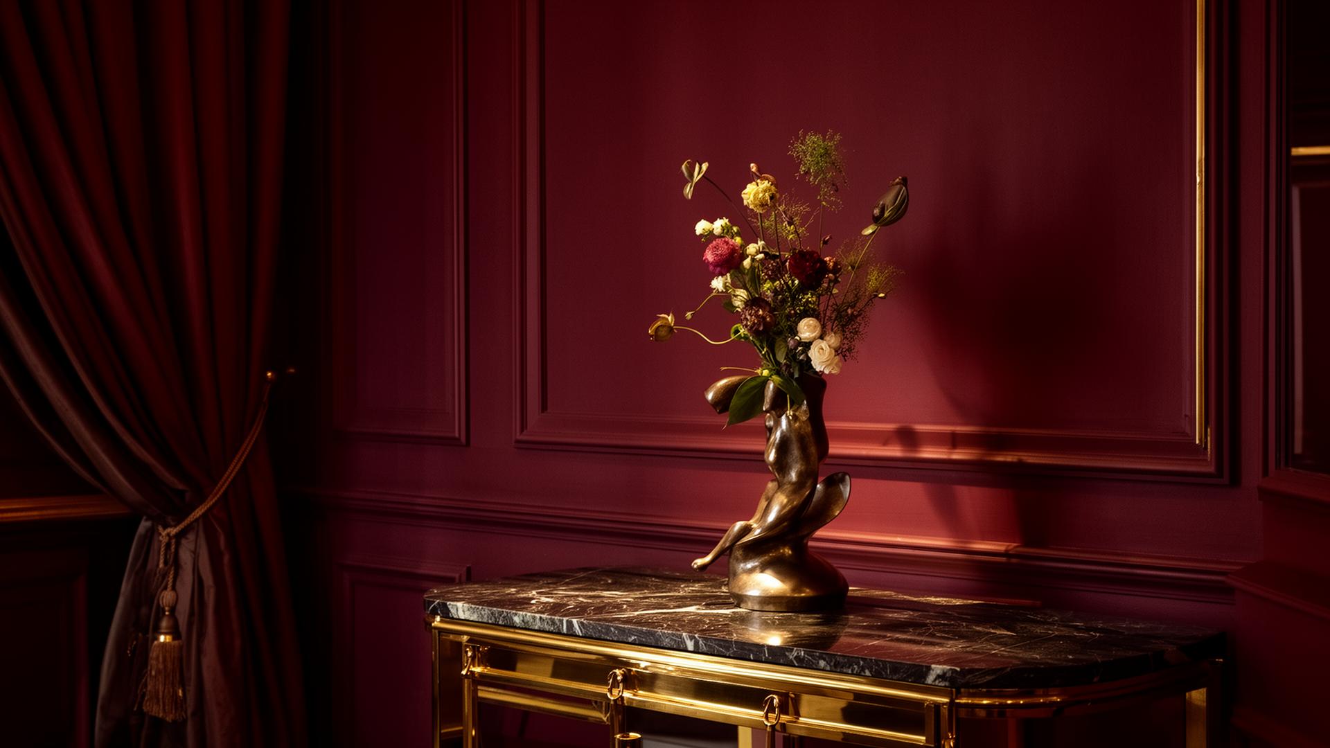 Editorial interior of a Parisian boutique hotel with oxblood walls